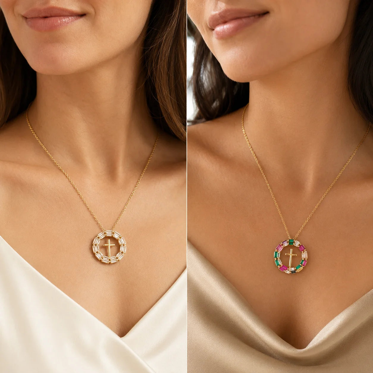 Light Luxury Geometric Jesus Cross Necklace with Colorful Zircon
