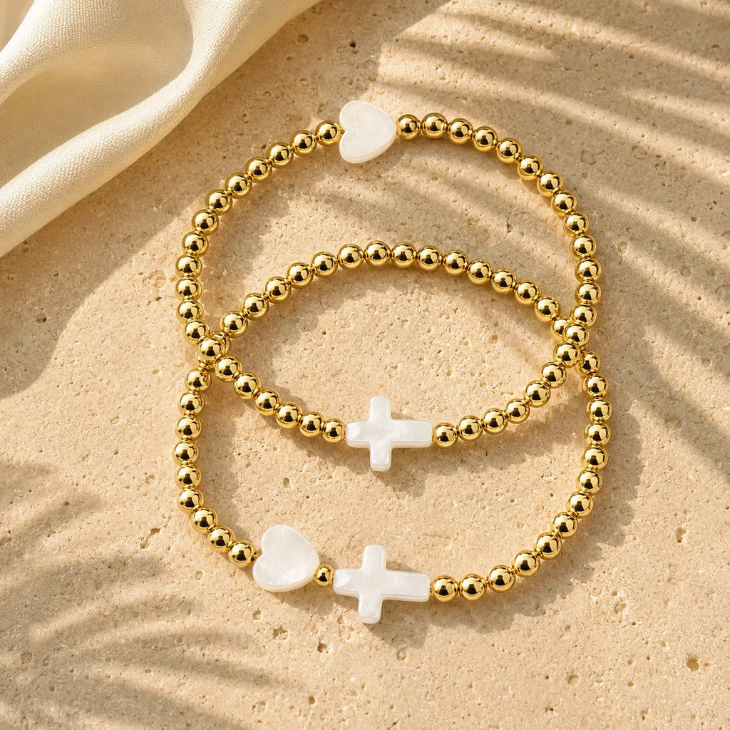 18K Gold Plated Cross & Heart Bead Bracelet – New Release