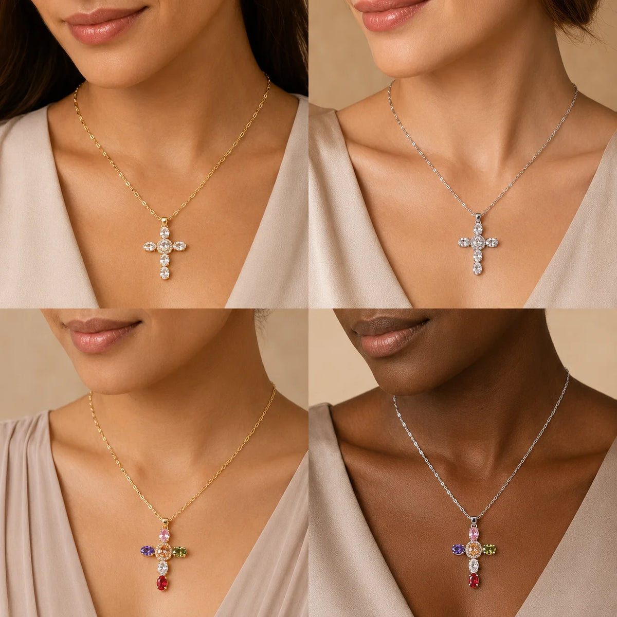 INS Vintage Colorful Cubic Zirconia Cross Necklace