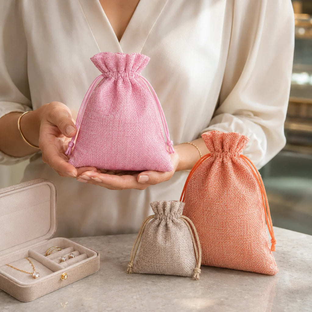 Three small drawstring jewelry pouches in pink, peach, and beige are shown, with a person holding the pink one. An open jewelry box with rings and a necklace sits on the table beside them.