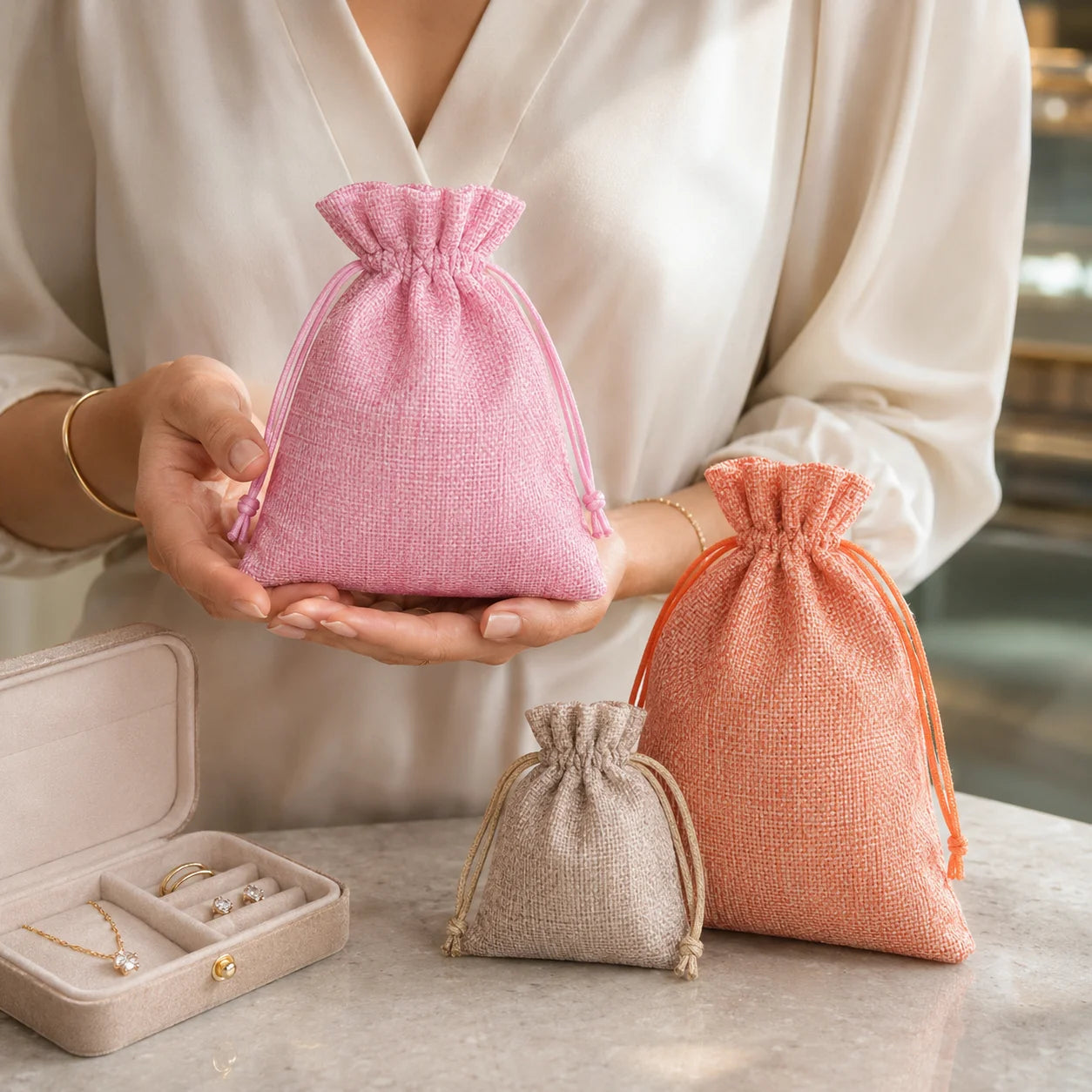 Three small drawstring jewelry pouches in pink, peach, and beige are shown, with a person holding the pink one. An open jewelry box with rings and a necklace sits on the table beside them.