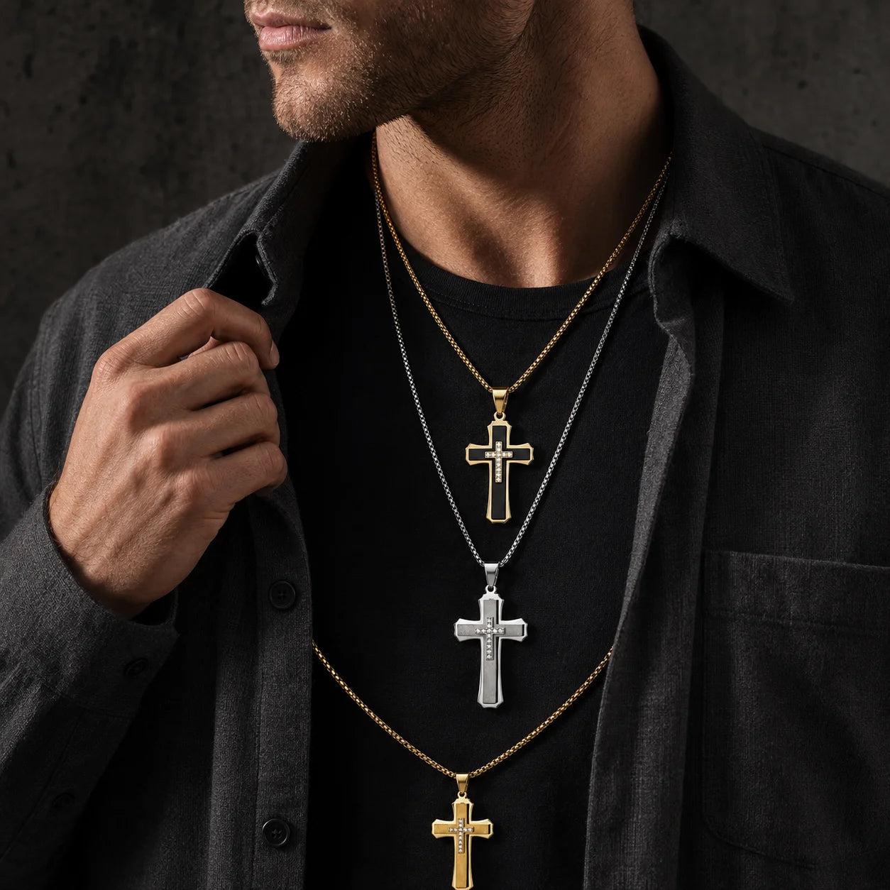 Gold Plated Stainless Steel Multilayer Cross Necklace with Zircon for Men & Teen Boys