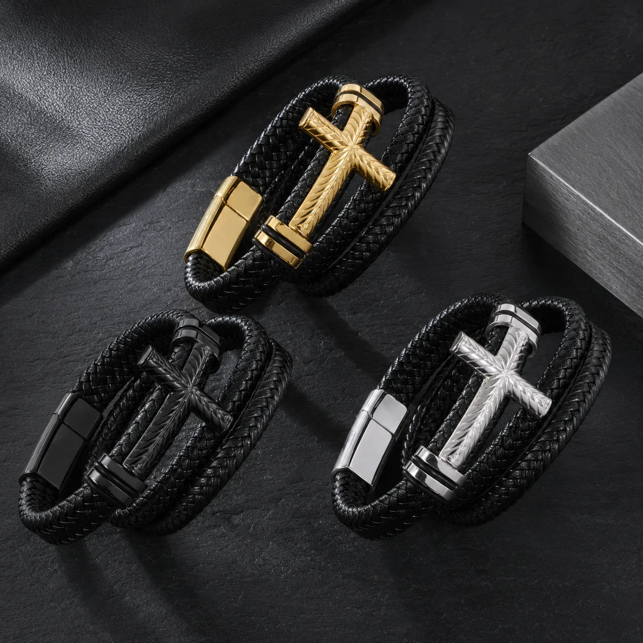 Fashion Punk Cross Leather Bracelet for Men – Stainless Steel Design