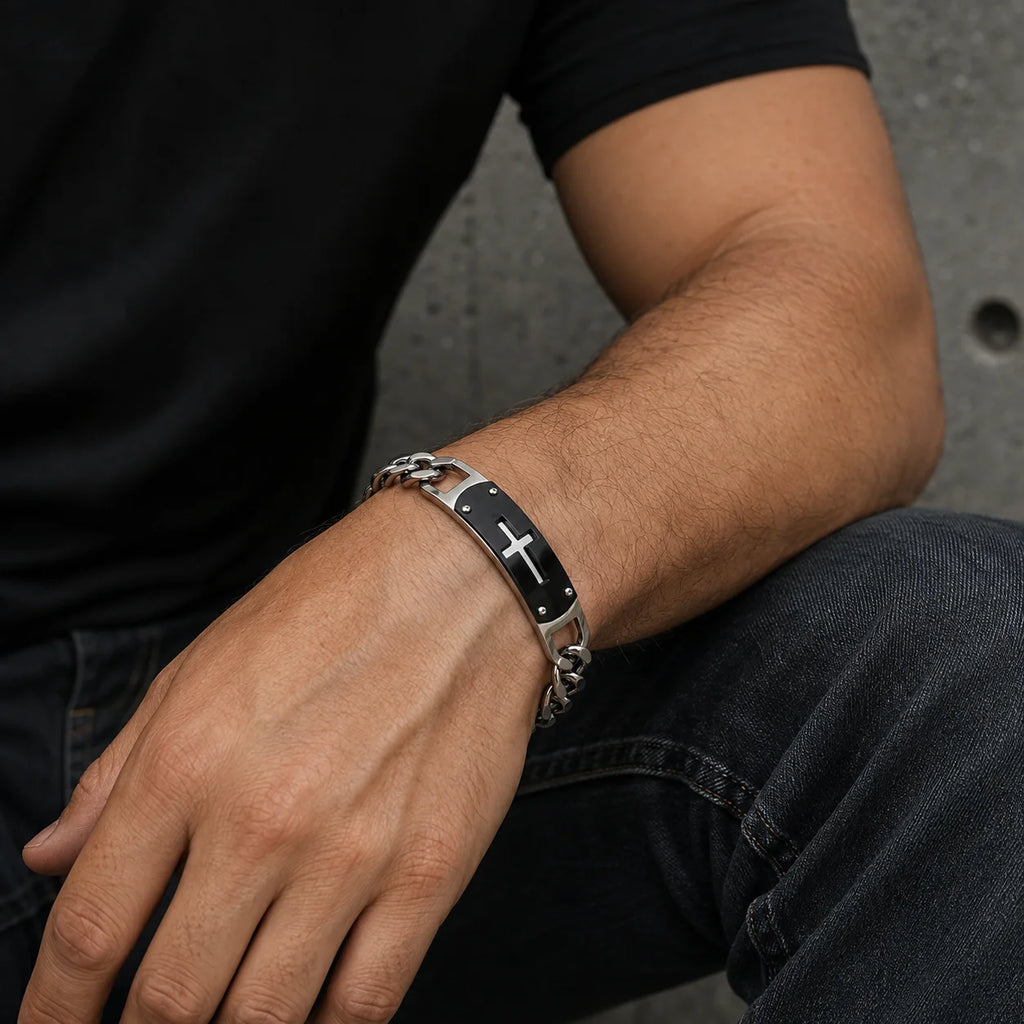 Men’s Stainless Steel Faith Cross Bracelet with Natural Stone