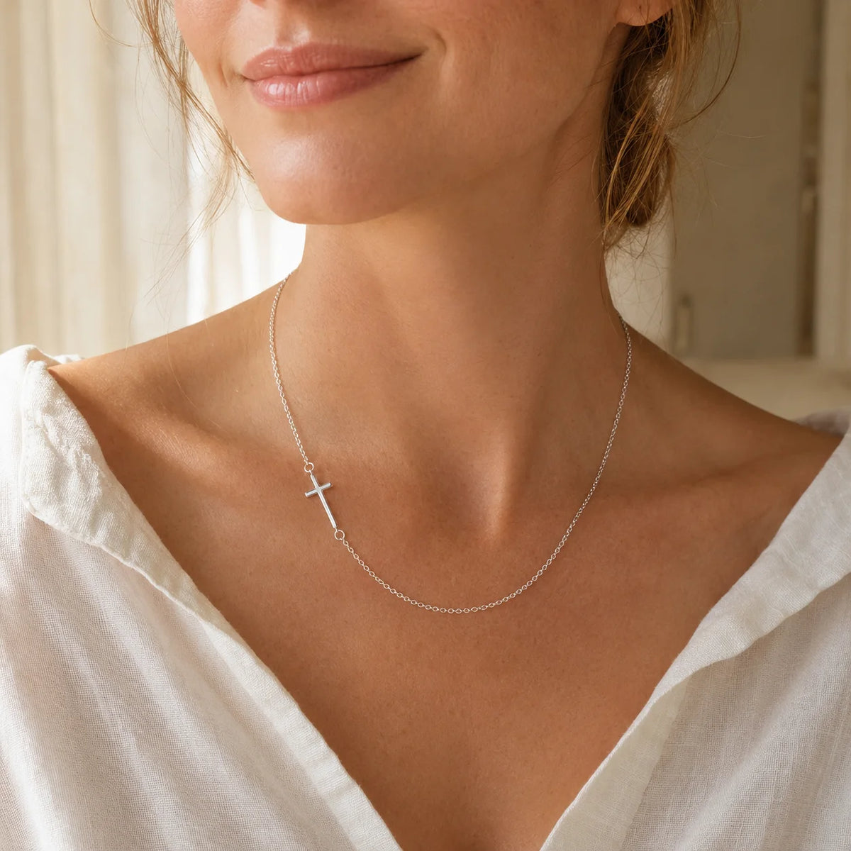 Silver Slant Cross Necklace with Asymmetrical Link Chain