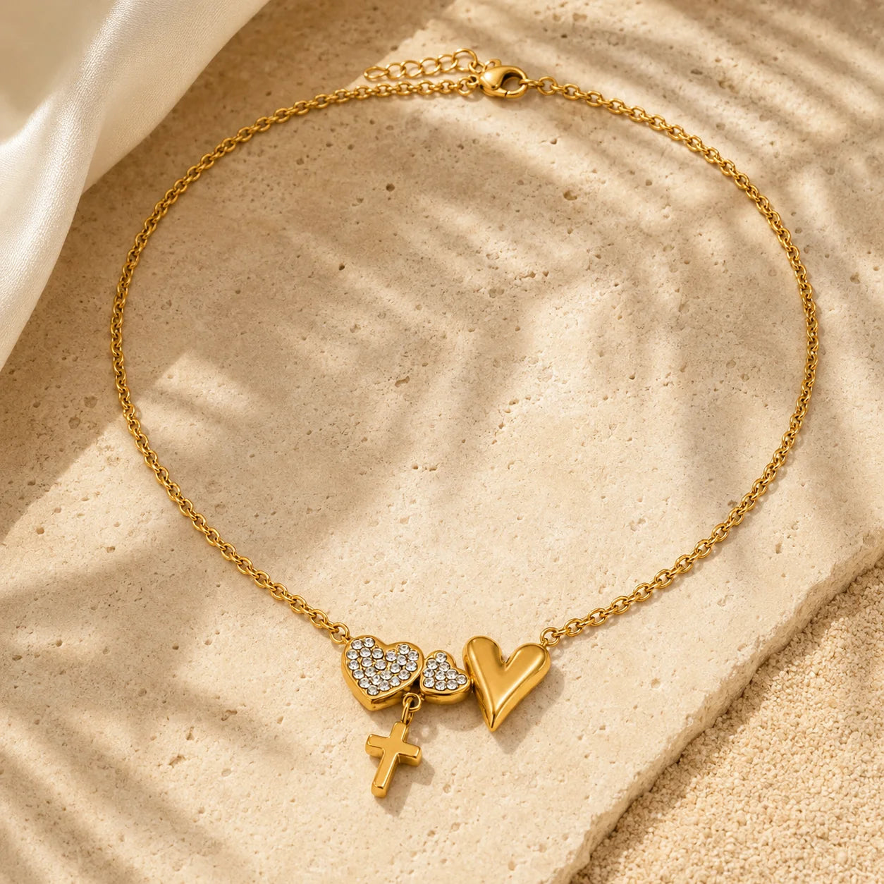18K Gold Plated Double Heart Cross Zircon Necklace