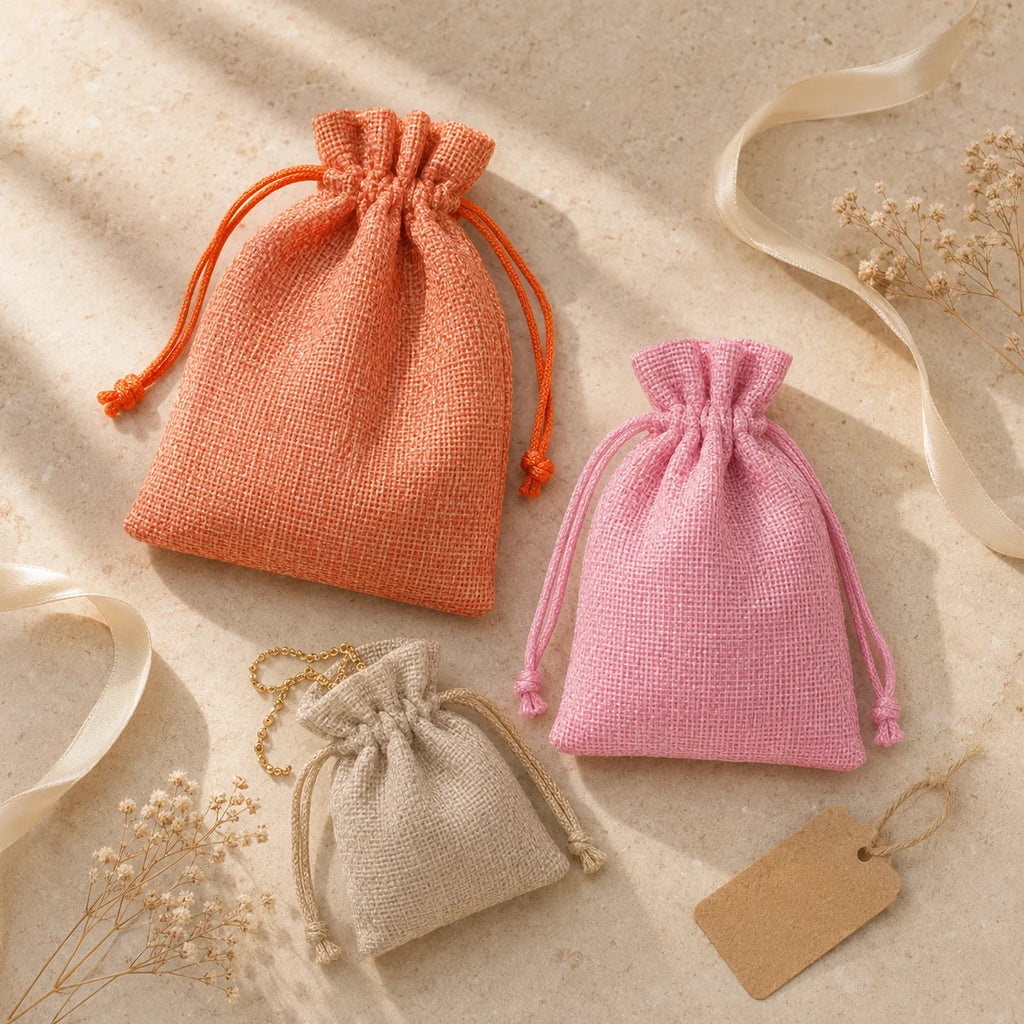 Three small drawstring pouches in peach, pink, and beige fabric, arranged on a light textured surface with ribbon and dried flowers.