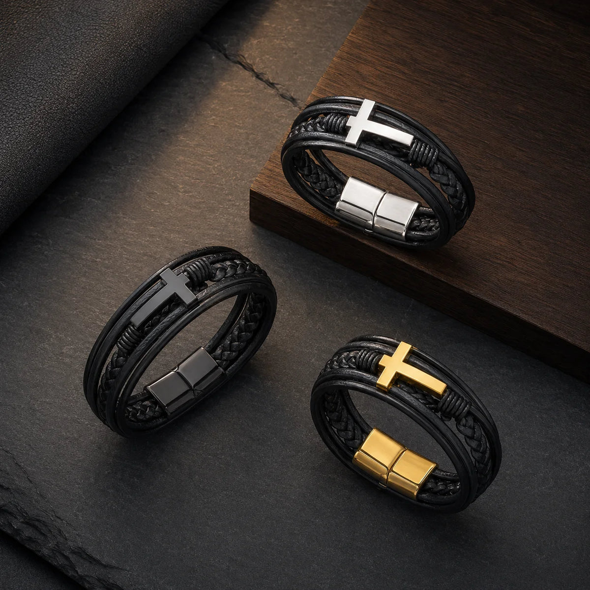 Stainless Steel Magnetic Clasp Leather Bracelet with Gold & Silver Cross