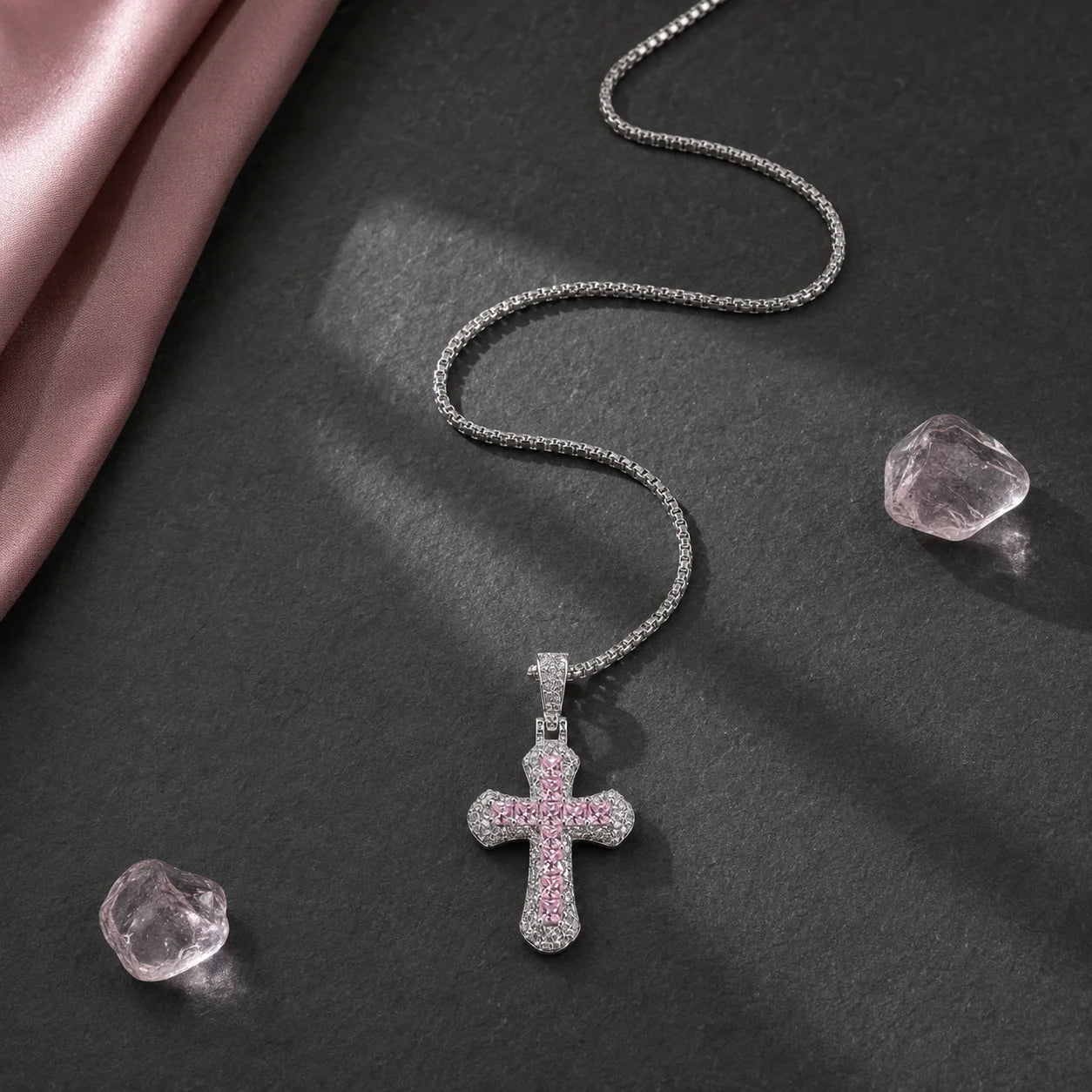 18K White Gold Plated Mini Pink Cross Pendant Necklace – Hip Hop Jewelry