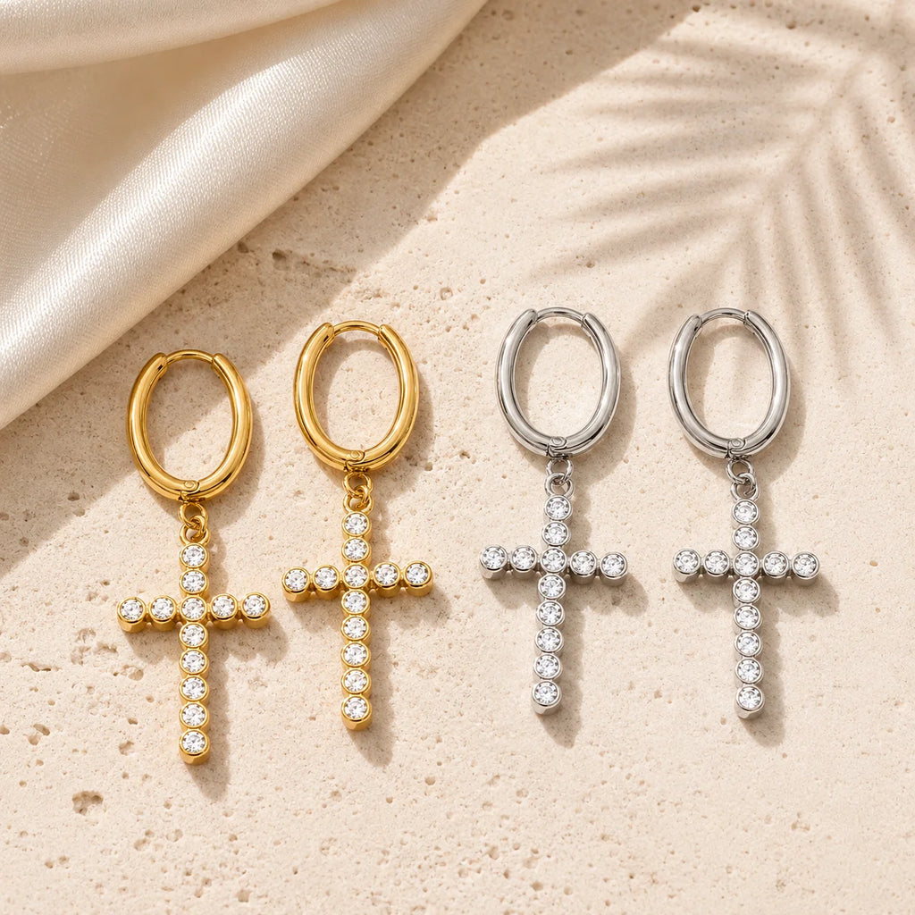 18K Gold PVD Plated Cross Earrings