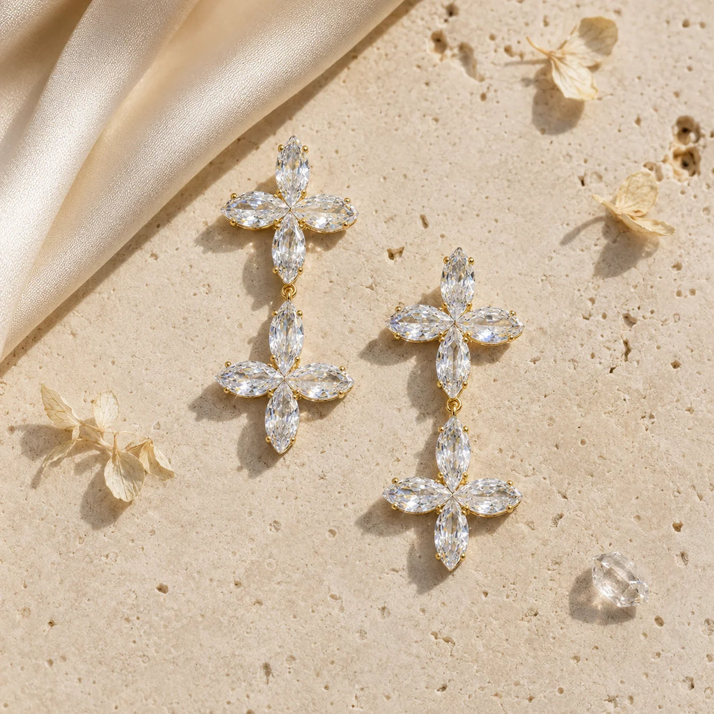 Light Luxury Double Cross & Four-Leaf Clover Zircon Earrings