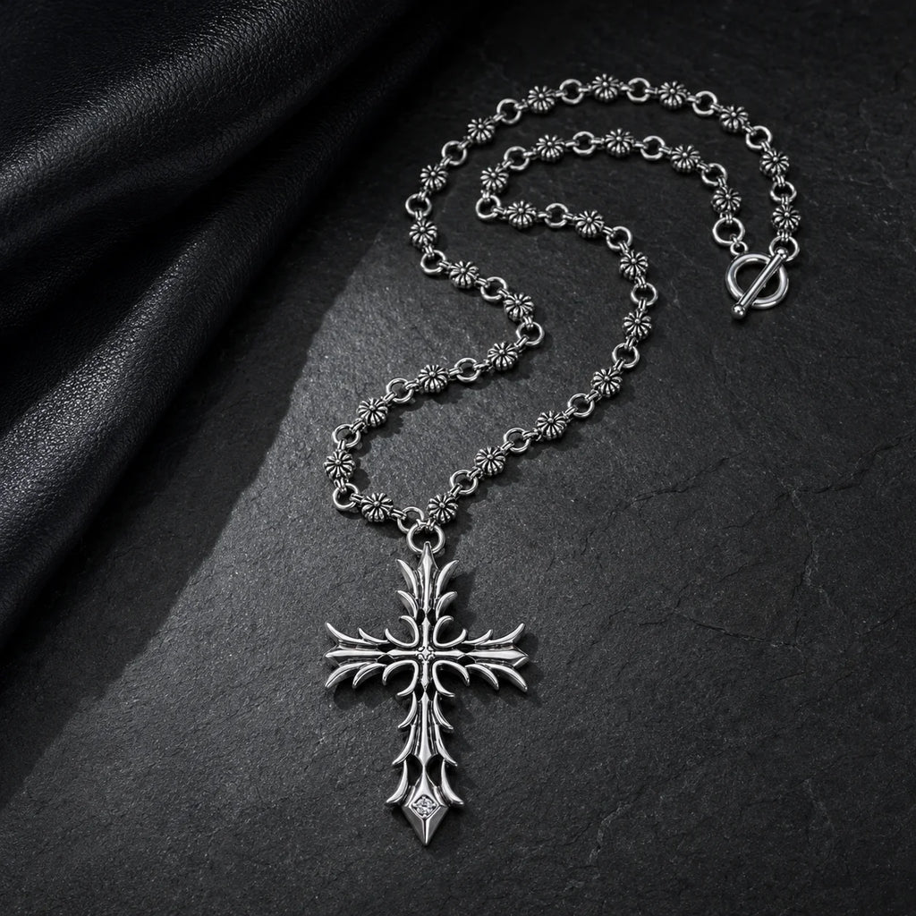 Classic Hip-Hop Retro Silver Cross Necklace – Handmade Chain