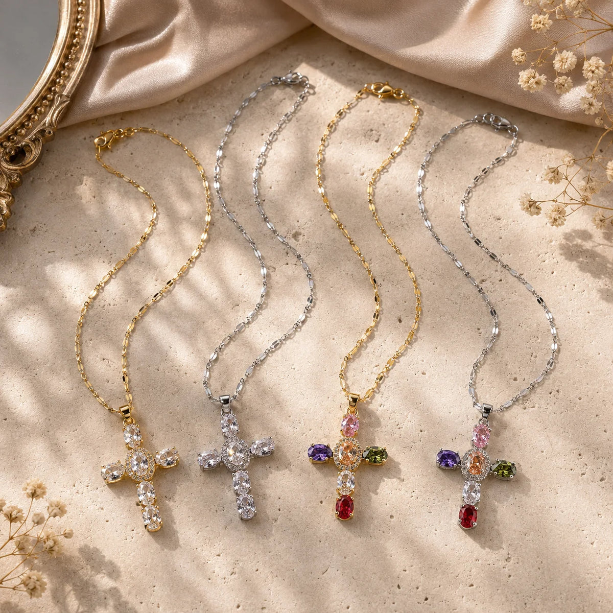 INS Vintage Colorful Cubic Zirconia Cross Necklace