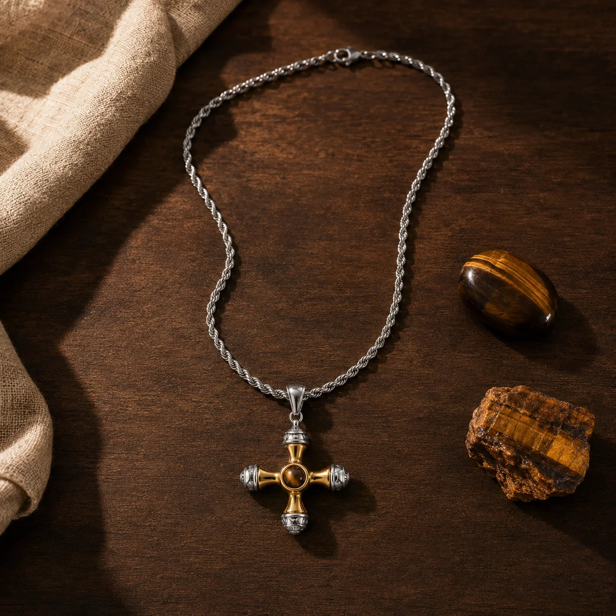 A silver-toned chain necklace with a cross pendant featuring gold and silver detailing, displayed on a dark wooden surface with natural props.