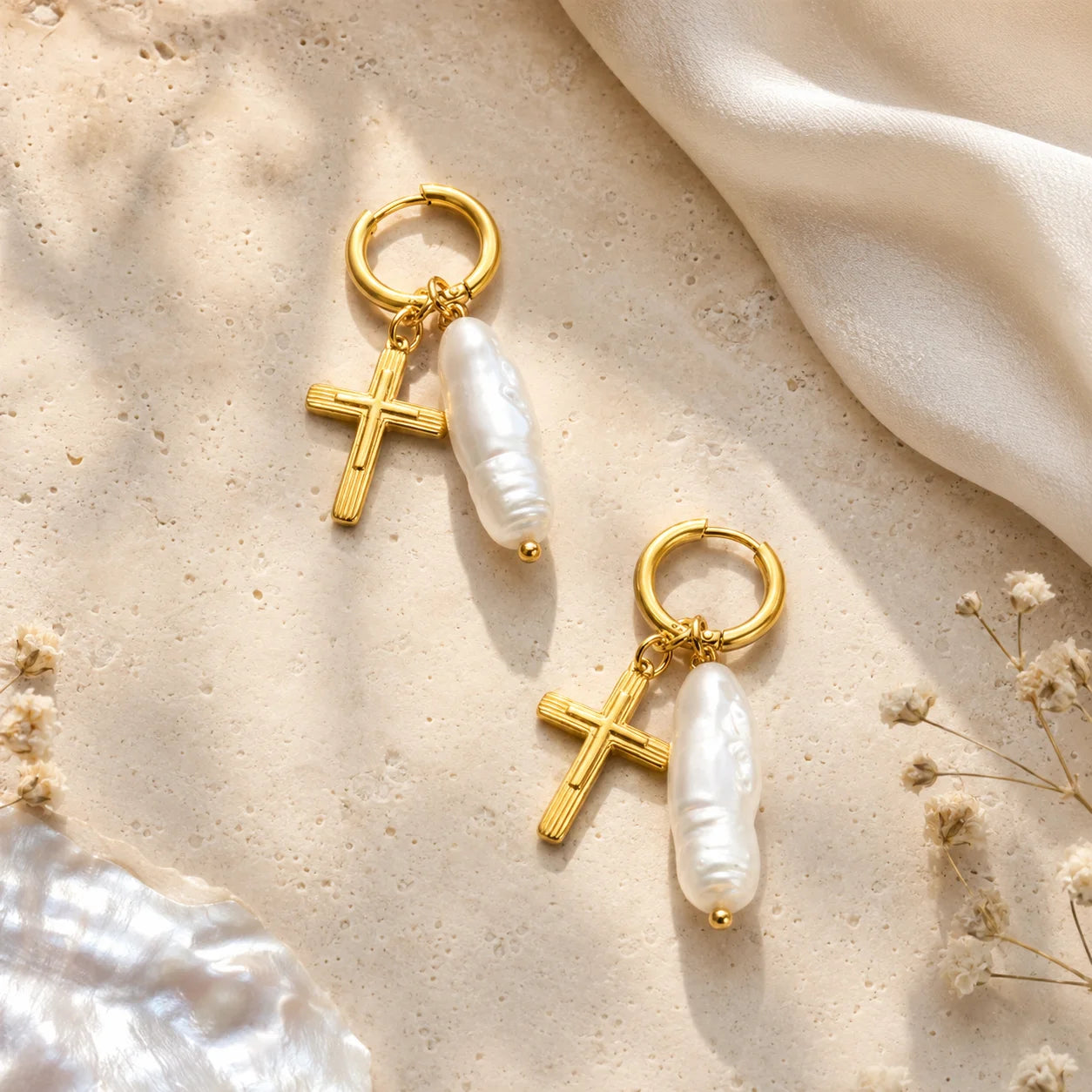Elegant Pearl Cross Earrings – 18K Gold Stainless Steel Jewelry