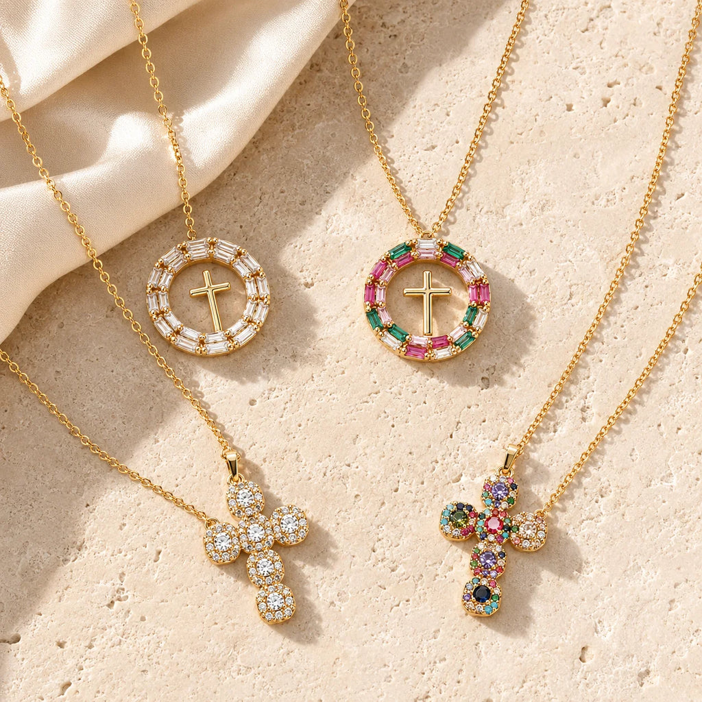 Light Luxury Geometric Jesus Cross Necklace with Colorful Zircon