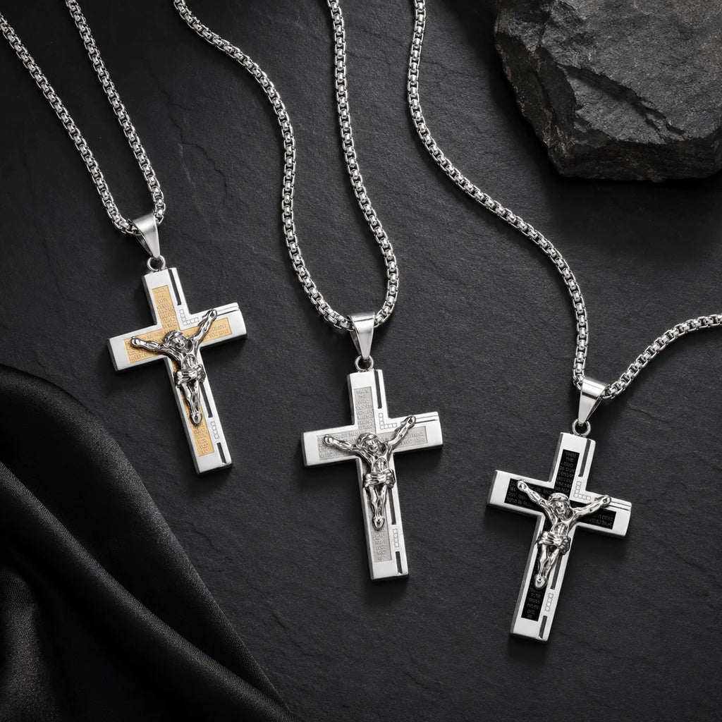 Men’s Silver Chain Necklace with Engraved Jesus Cross Pendant