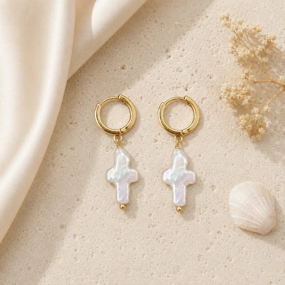 Stylish Baroque Cross Freshwater Pearl Earrings – Copper Jewelry