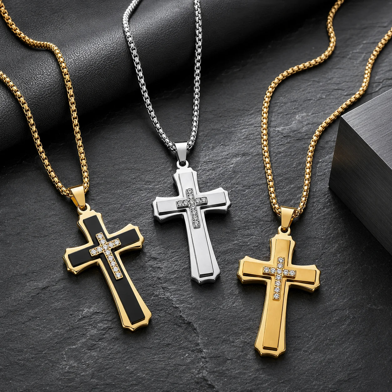 Gold Plated Stainless Steel Multilayer Cross Necklace with Zircon for Men & Teen Boys