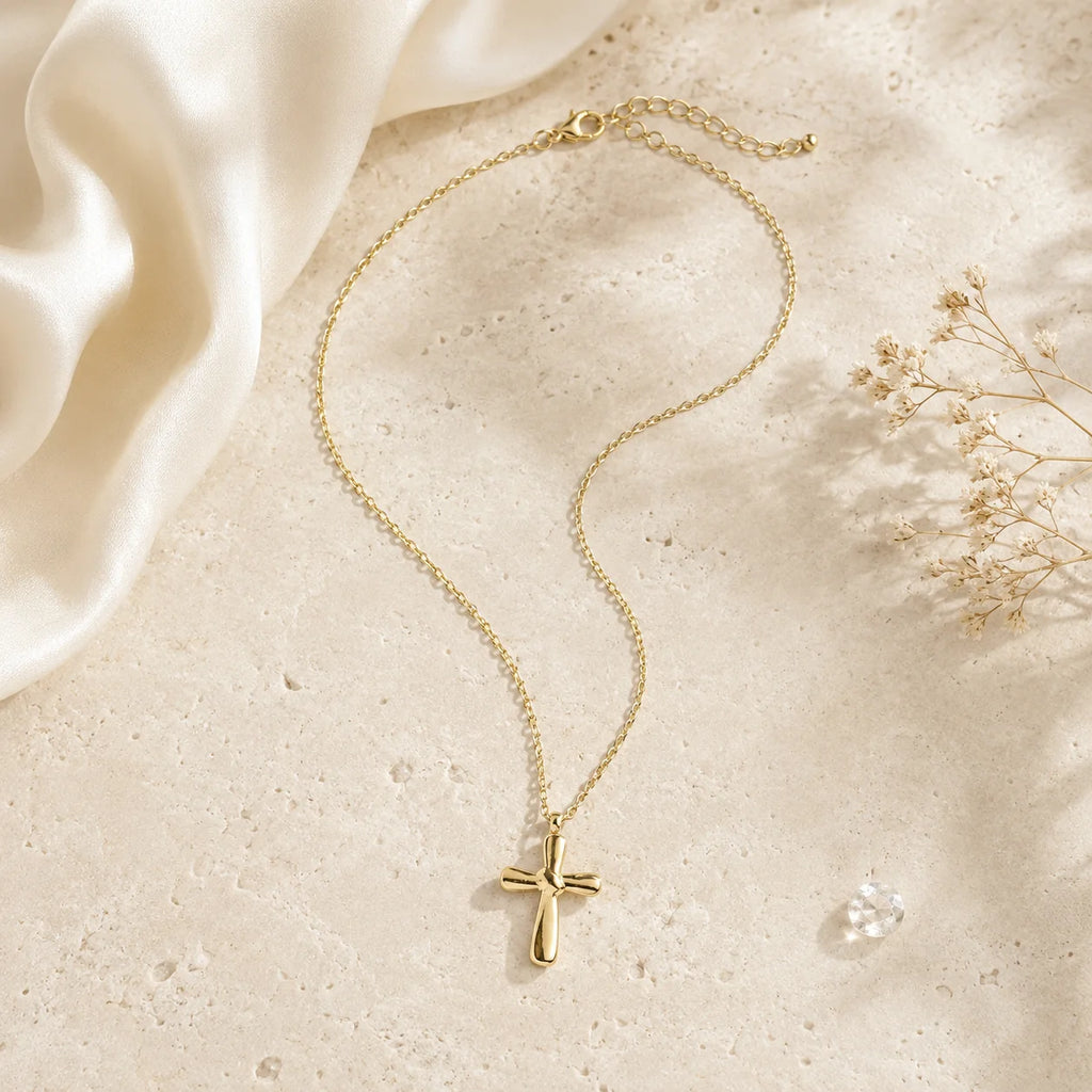 Trendy 14K Gold Plated Stainless Steel Cross Pendant Necklace