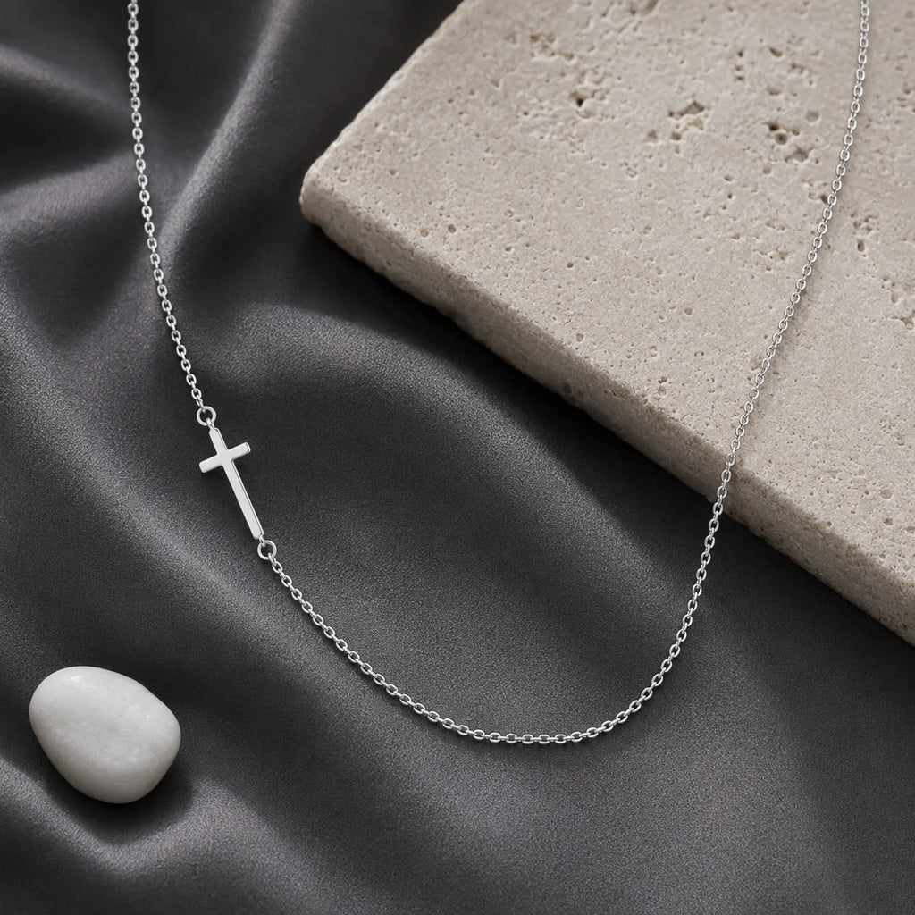 Silver Slant Cross Necklace with Asymmetrical Link Chain
