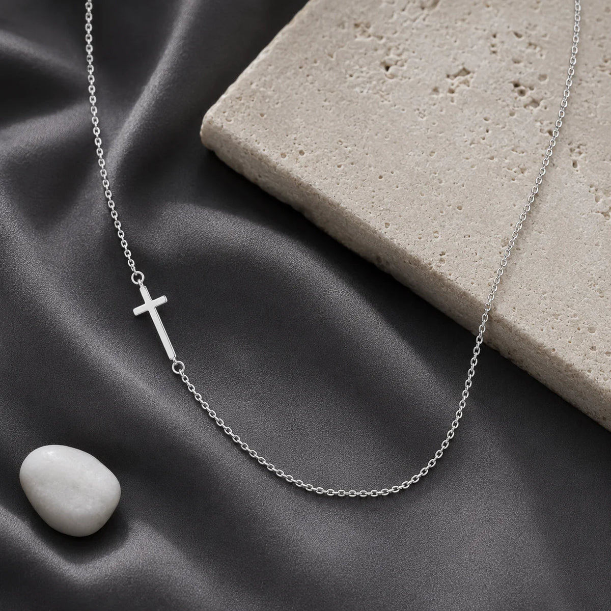 Silver Slant Cross Necklace with Asymmetrical Link Chain