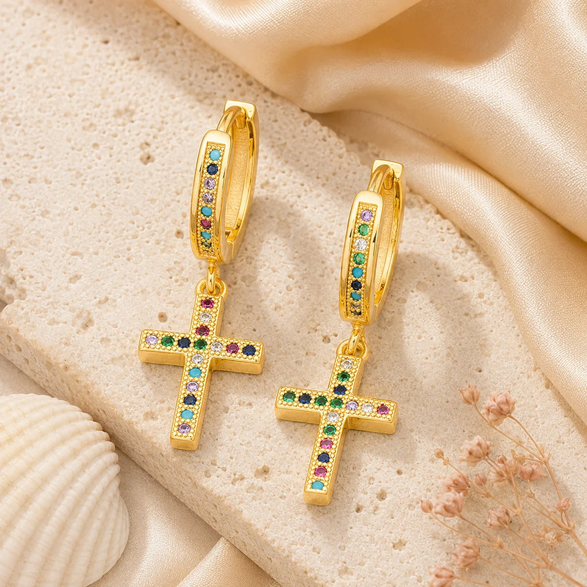 Qiku Colorful Rhinestone Cross Drop Earrings