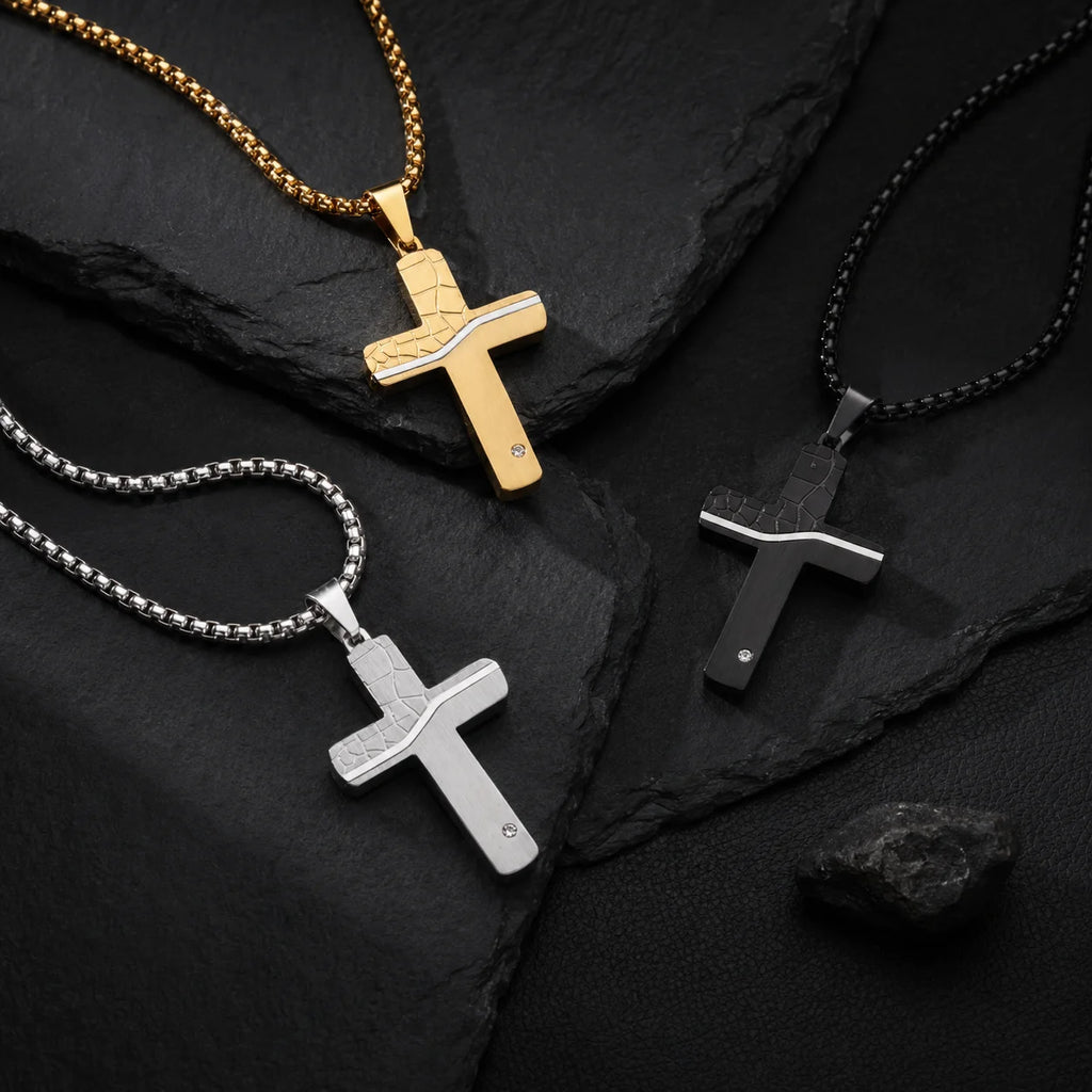 Punk Cracked Cross Pendant Necklace – Stainless Steel Zircon Jewelry