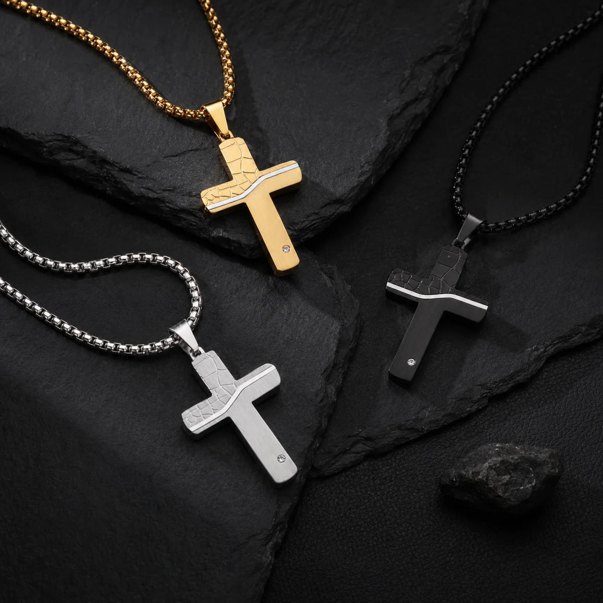 Punk Cracked Cross Pendant Necklace – Stainless Steel Zircon Jewelry