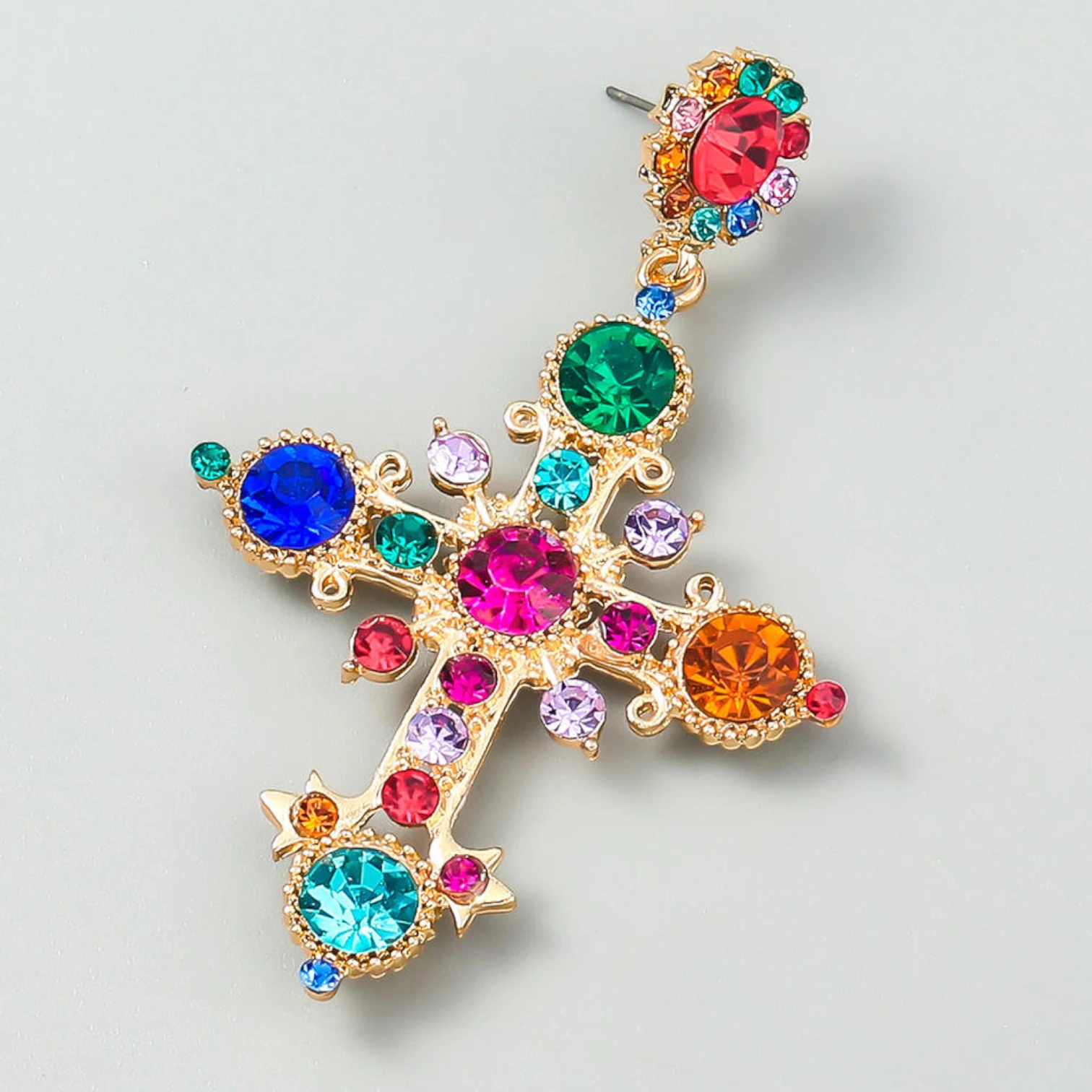 Bohemian Ethnic Style Cross Stud Earrings with Color Glass & Crystal