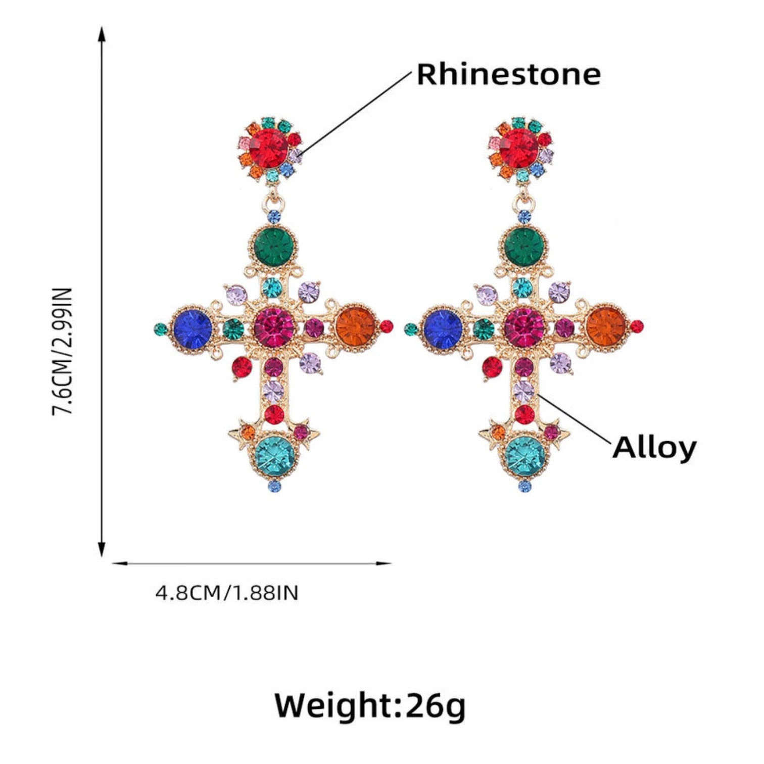 Bohemian Ethnic Style Cross Stud Earrings with Color Glass & Crystal