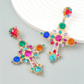 Bohemian Ethnic Style Cross Stud Earrings with Color Glass & Crystal