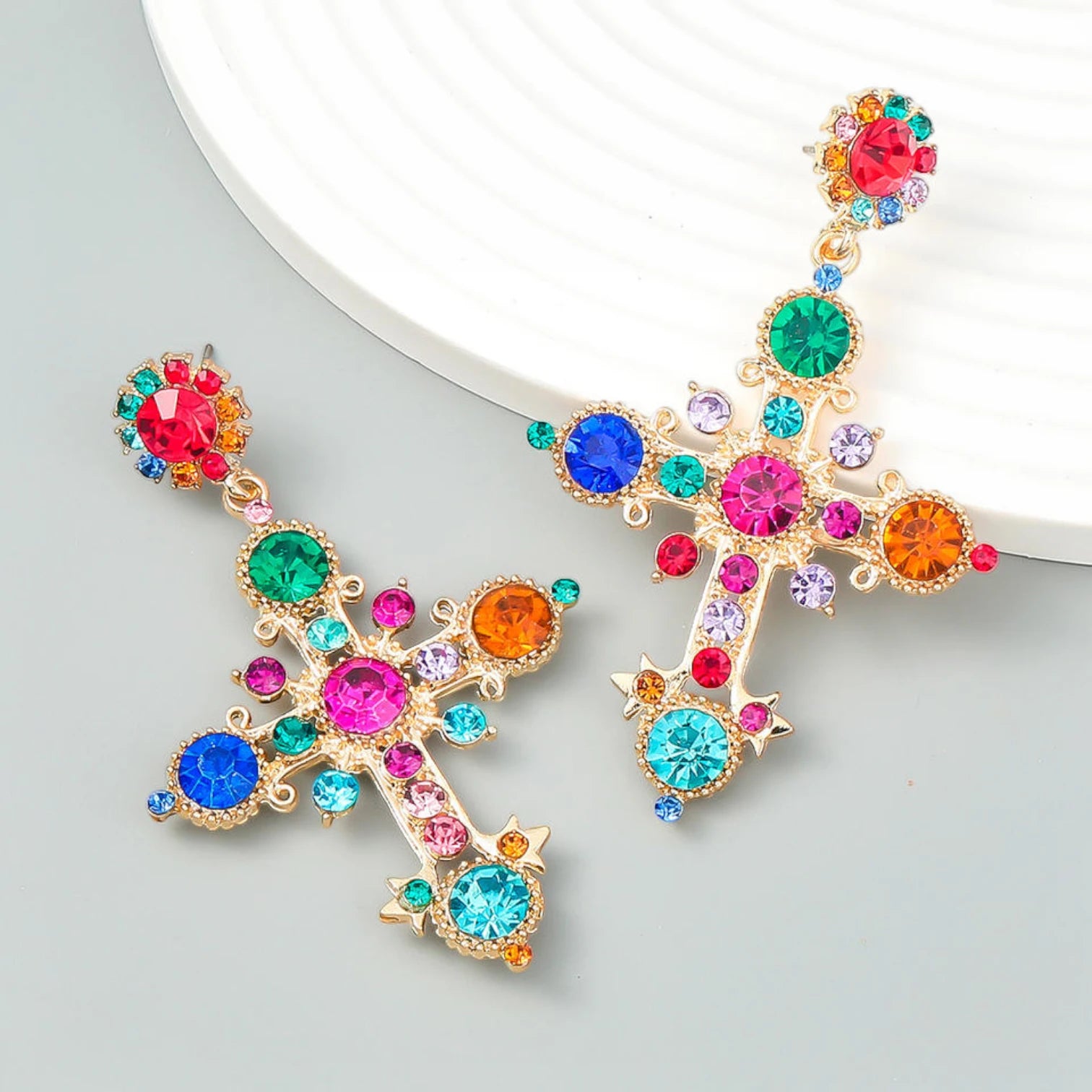Bohemian Ethnic Style Cross Stud Earrings with Color Glass & Crystal