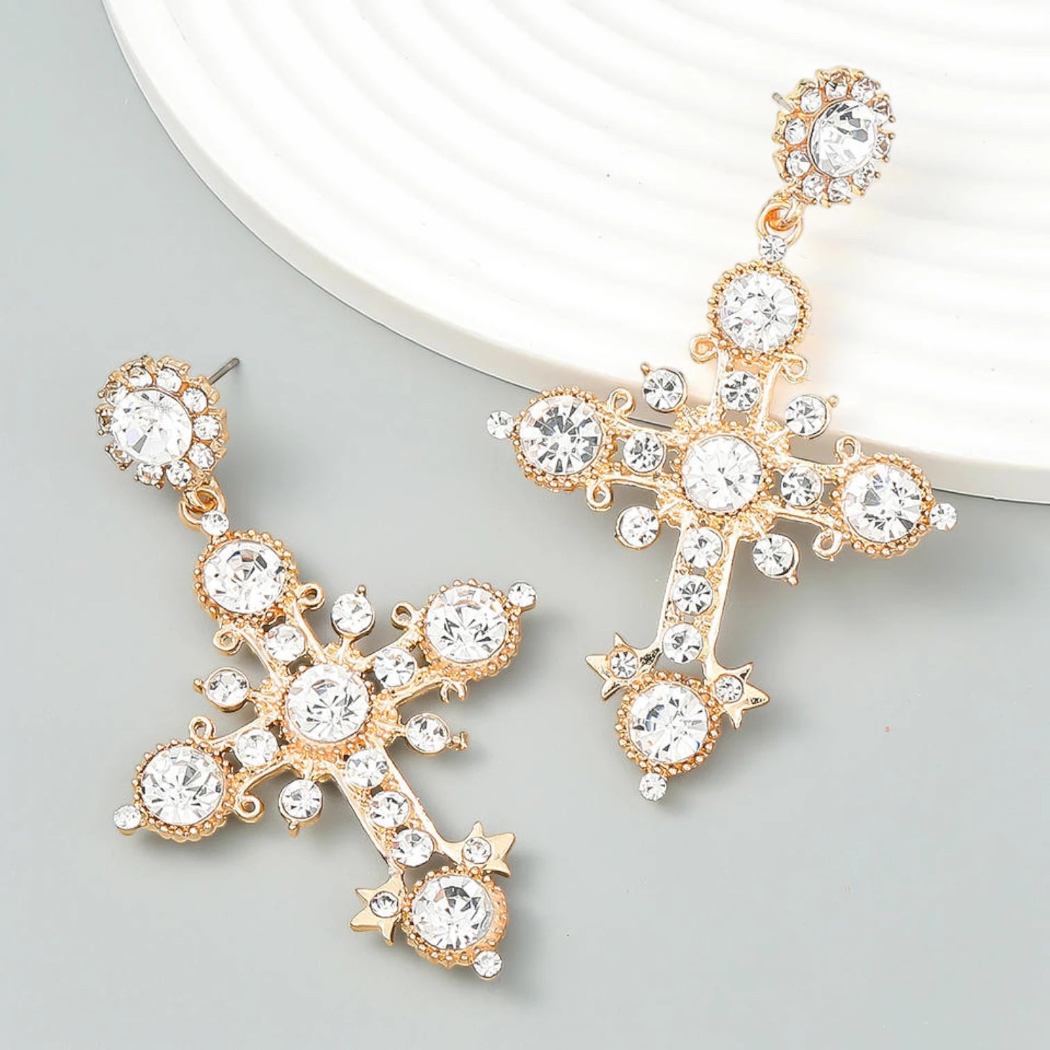 Bohemian Ethnic Style Cross Stud Earrings with Color Glass & Crystal