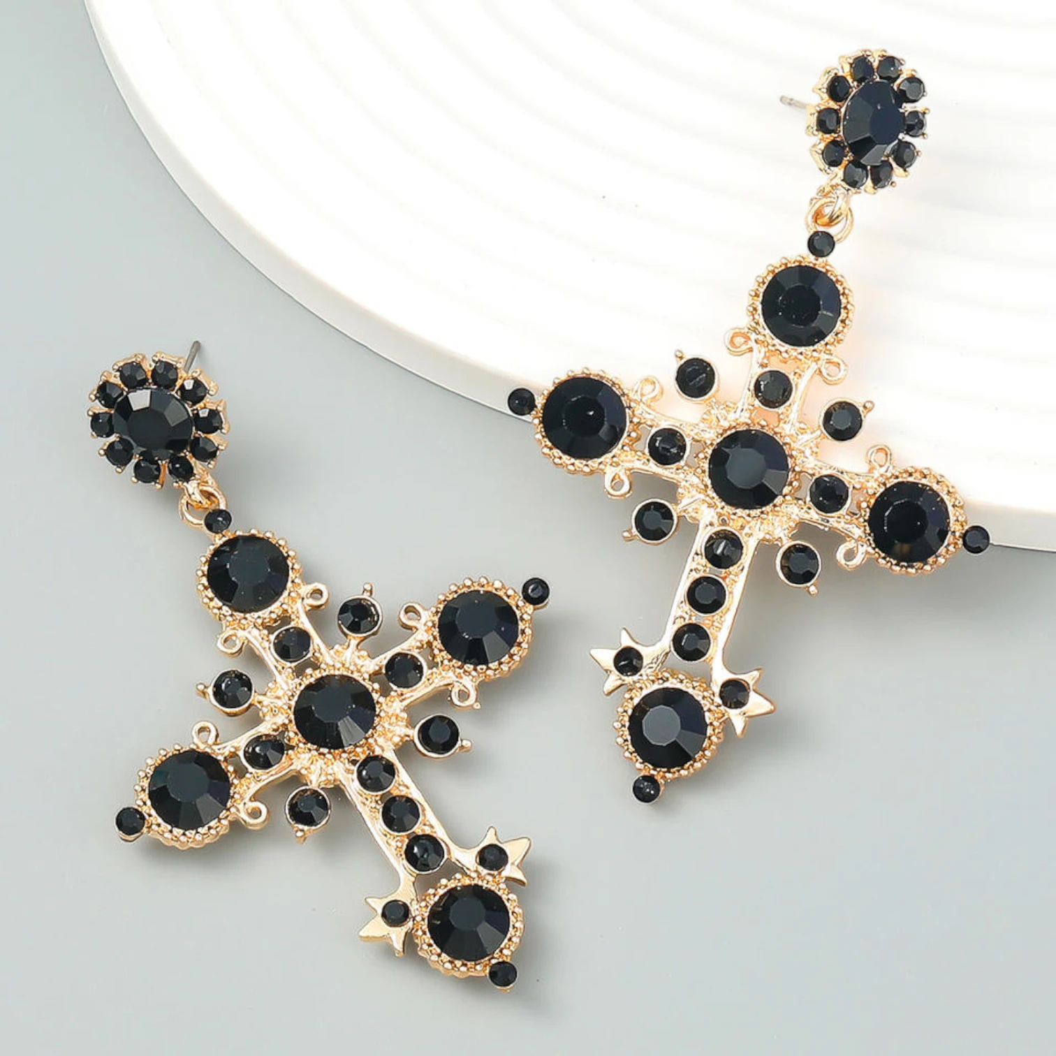 Bohemian Ethnic Style Cross Stud Earrings with Color Glass & Crystal