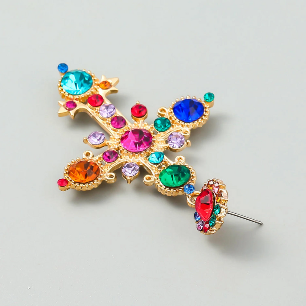 Bohemian Ethnic Style Cross Stud Earrings with Color Glass & Crystal