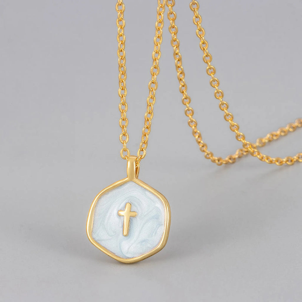 Enameled Geometric Cross Pendant Necklace