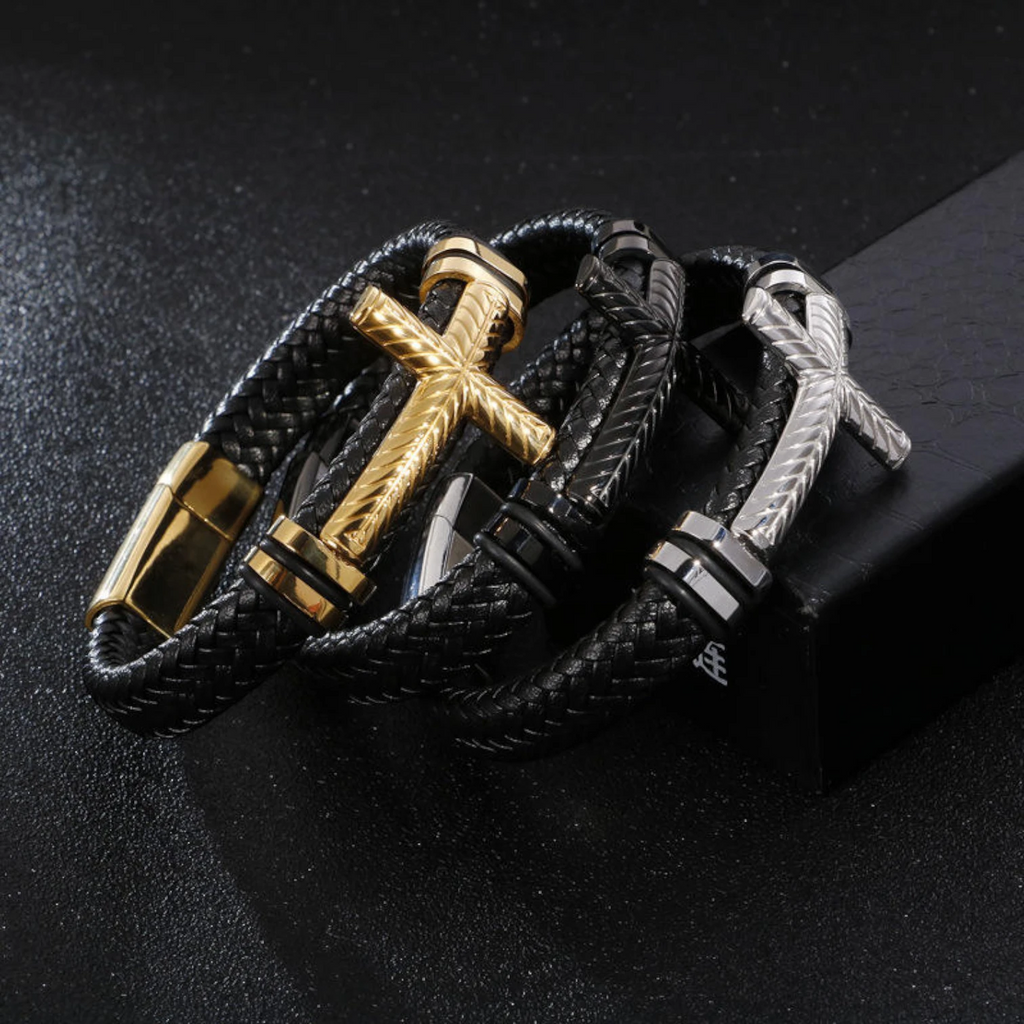 Fashion Punk Cross Leather Bracelet for Men – Stainless Steel Design