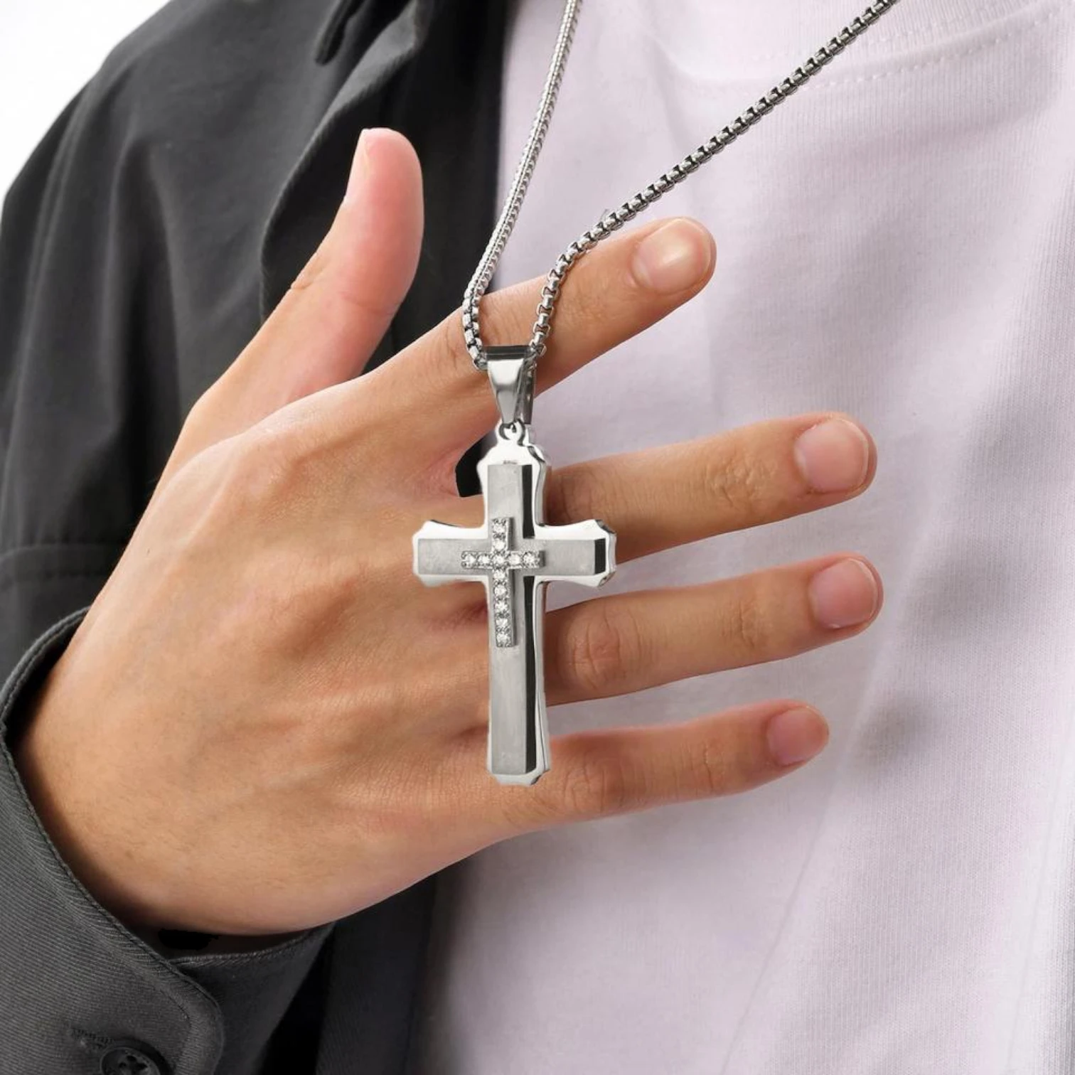 Gold Plated Stainless Steel Multilayer Cross Necklace with Zircon for Men & Teen Boys