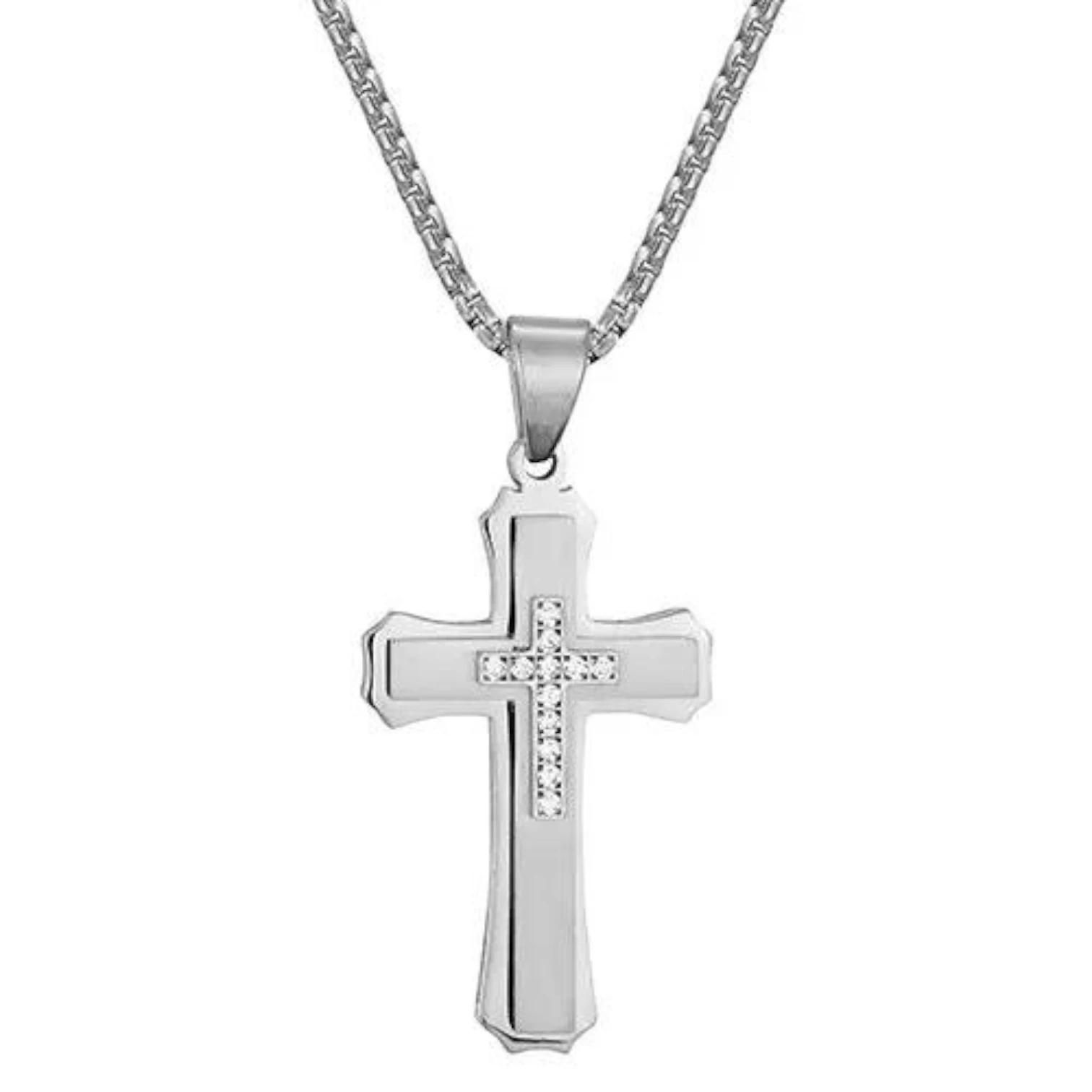 Gold Plated Stainless Steel Multilayer Cross Necklace with Zircon for Men & Teen Boys