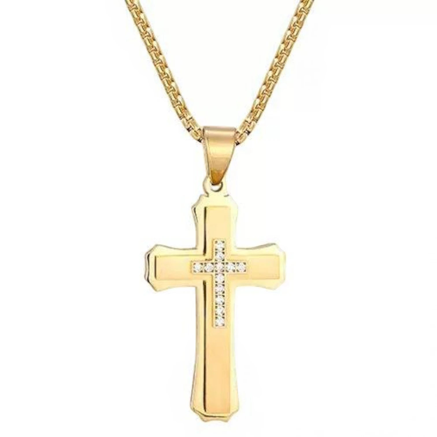 Gold Plated Stainless Steel Multilayer Cross Necklace with Zircon for Men & Teen Boys