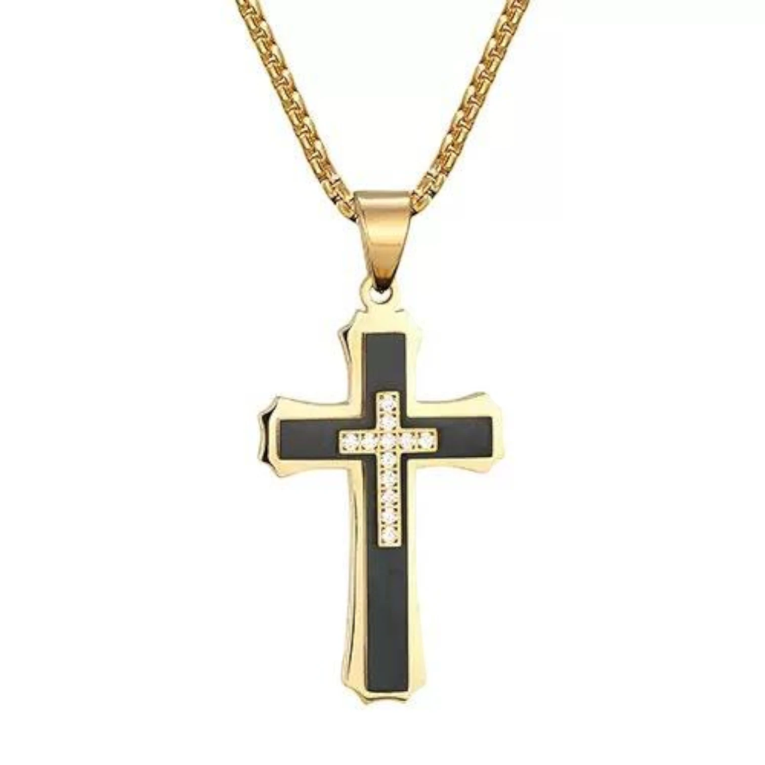 Gold Plated Stainless Steel Multilayer Cross Necklace with Zircon for Men & Teen Boys