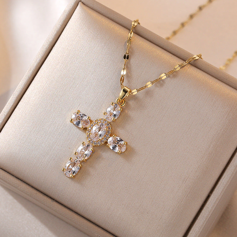 INS Vintage Colorful Cubic Zirconia Cross Necklace