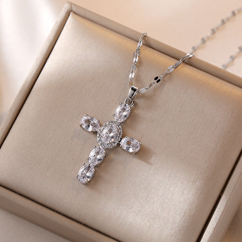 INS Vintage Colorful Cubic Zirconia Cross Necklace