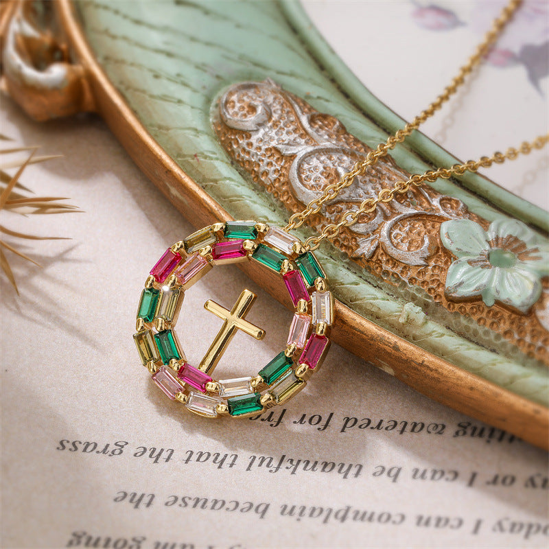 Light Luxury Geometric Jesus Cross Necklace with Colorful Zircon