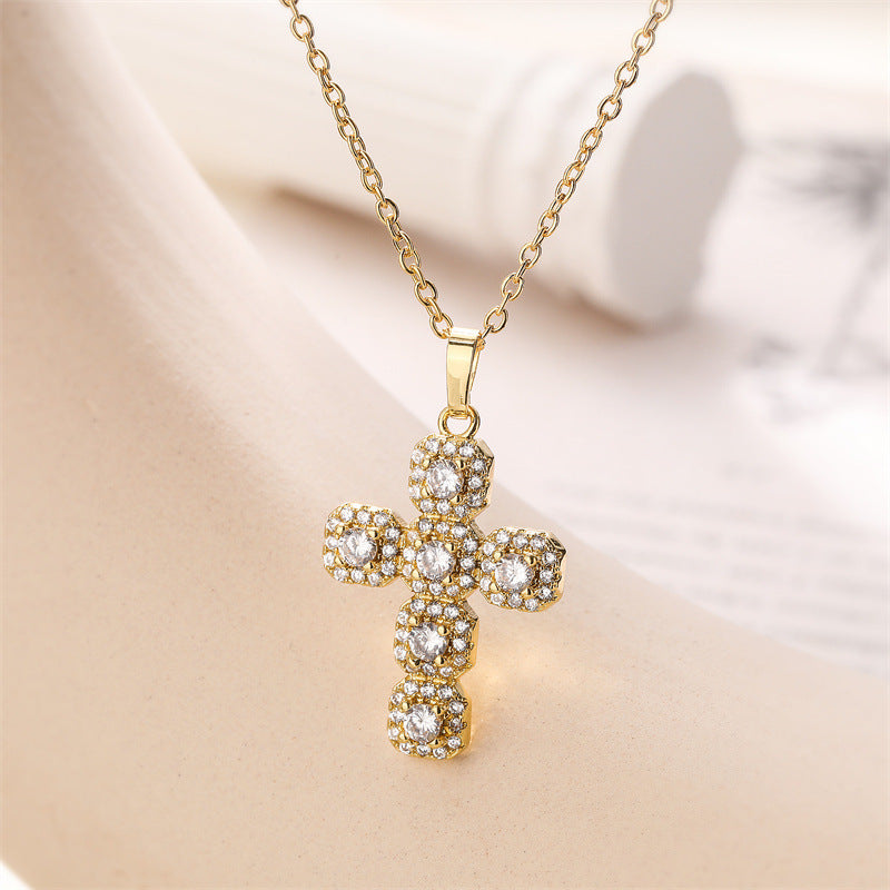 Light Luxury Geometric Jesus Cross Necklace with Colorful Zircon