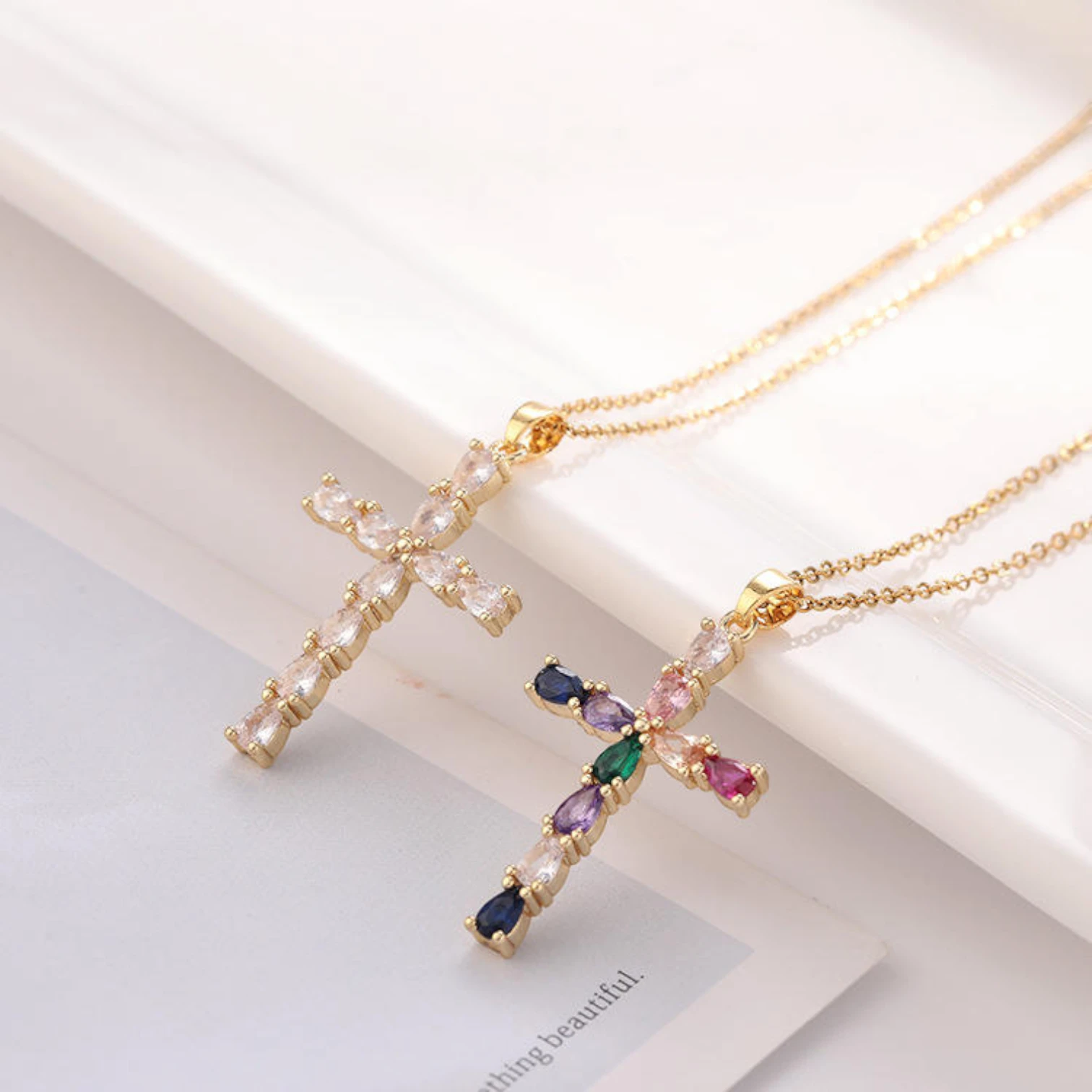 High Quality Gold Cross Necklace with Sparkling Cubic Zirconia