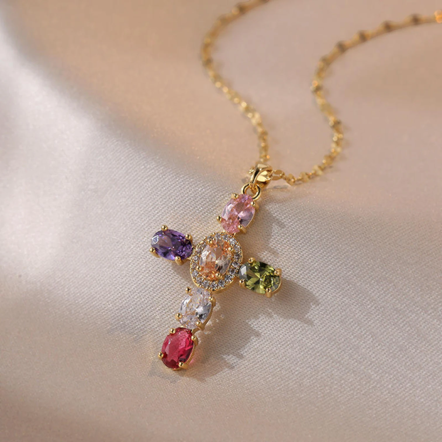 INS Vintage Colorful Cubic Zirconia Cross Necklace