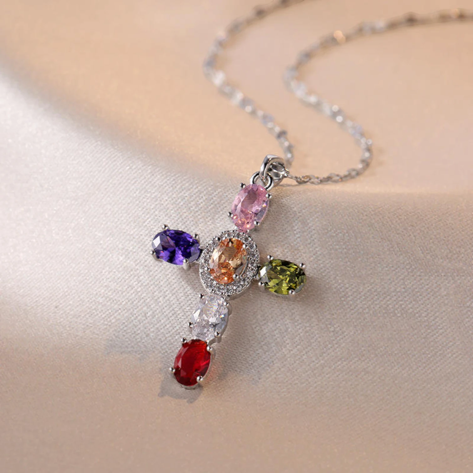 INS Vintage Colorful Cubic Zirconia Cross Necklace