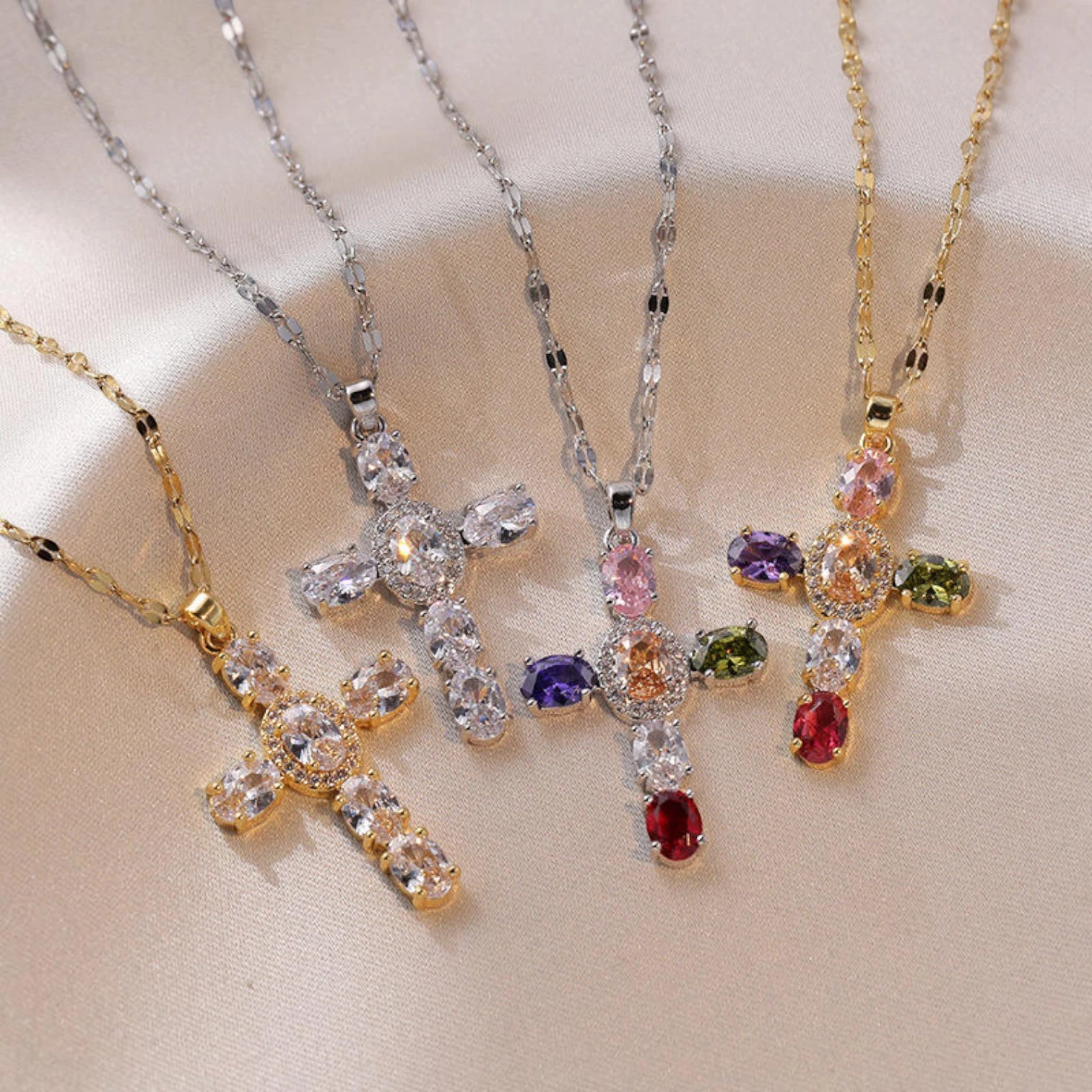 INS Vintage Colorful Cubic Zirconia Cross Necklace